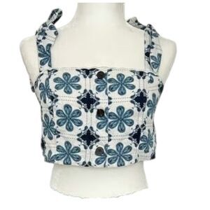 Aguabendita Target Linen Blue Floral Tie Shoulder Crop Top Size XL